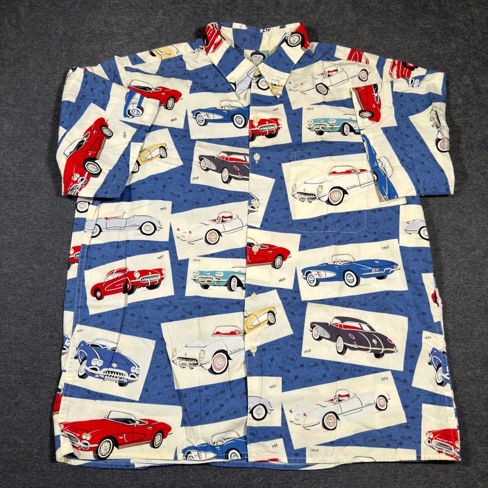 Vintage Reyn Spooner Hawaiian Shirt Mens L Blue Classic Corvette Car Print 60's - Picture 2 of 7